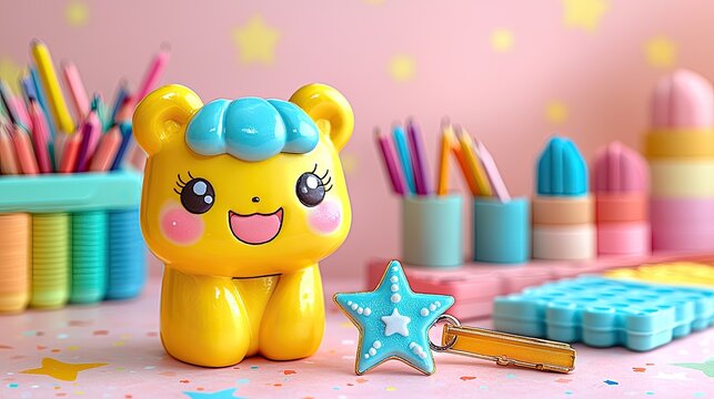 Colorful and cheerful toy bear with a star keychain on a playful desk surrounded by art supplies