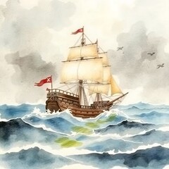 A pirate ship sailing through stormy seas background 

