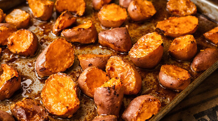 A tray of roasted potatoes with a lot of seasoning on them