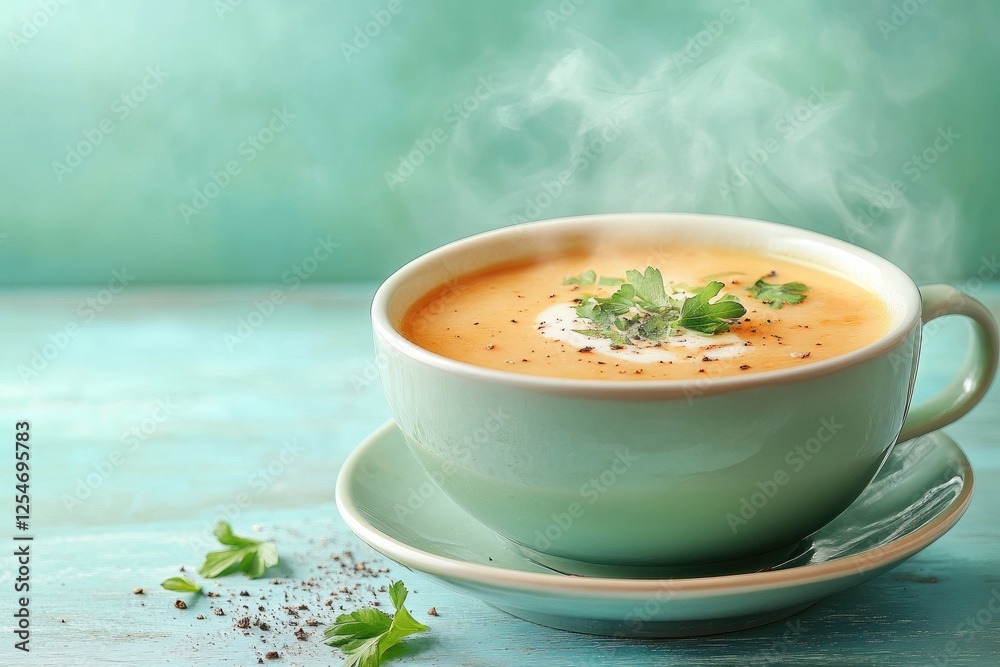 Wall mural Steaming bowl of creamy vegetable soup on table