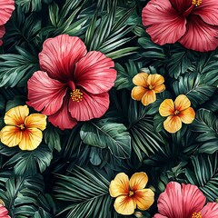 Tropical Hibiscus Flowers and Palm Leaves Seamless Pattern Background Image
