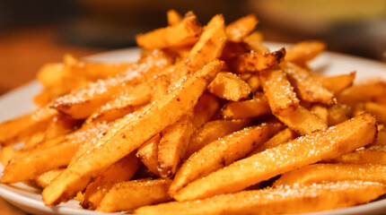 A plate of french fries with salt and pepper
