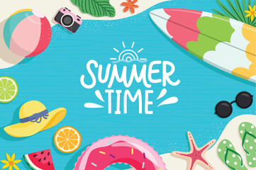 Summer time greeting clipart design. Summer beach colorful elements like surfboard, beachball, floater and starfish clip art in seashore background vector illustration. 