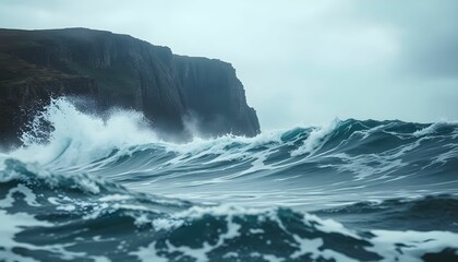 Misty Cliffs and Turbulent Ocean Waves on a Cloudy Day