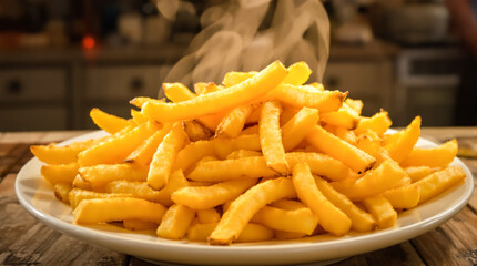 A plate of french fries with salt and pepper