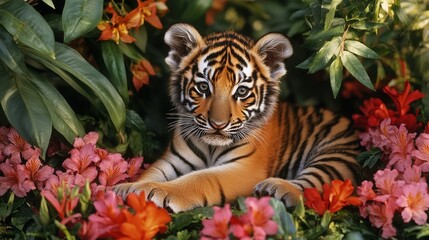 A charming view of a tiger cub resting on a bed of tropical flowers, its stripes contrasting beautifully