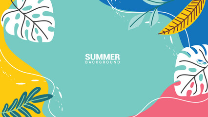 Summer clipart abstract background. Summer greeting card clip art with monstera and philodendron leaves drawing in colorful abstract background vector illustration.   © AmazeinDesign