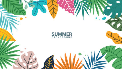 Summer background clipart design. Tropical colorful leaves like monstera, palm leaf, banana and philodendron clip art elements for summer background.   © AmazeinDesign