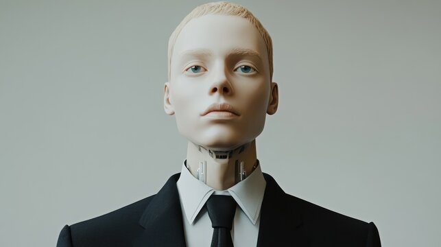 Androgynous person in suit, pale skin, short hair, futuristic neck tattoo.