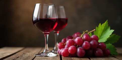 Elegant wine glasses, ripe grapes, rustic setting, texture, composition, harvest