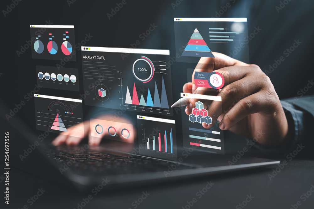 Poster An analyst uses a laptop and dashboard for data business analysis and Data Management System with KPI and metrics connected to the database for technology finance, operations, sales, marketing