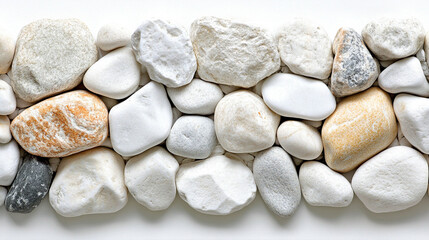 A wide top shot of white little gravel texture in modern bright tones, creating a blurred, empty space on the side. Symbolizes simplicity, calmness, and openness amidst chaos, offering visual clarity.