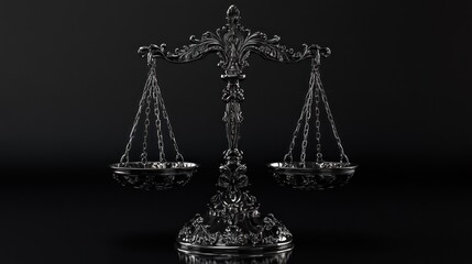 Ornate silver scales of justice on dark background