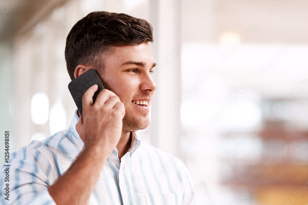 Poster man, phone call or happy at window for creativity, discussion or project planning. designer, smile a