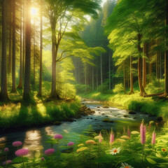 Obraz premium A serene forest surrounds a gently flowing river, creating a harmonious blend of nature's beauty