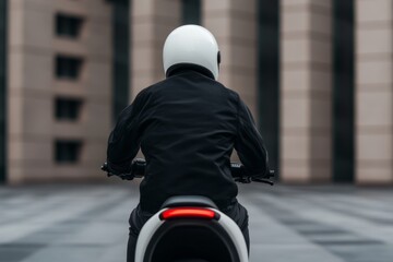 Rider on electric scooter navigating city streets in modern urban environment during daytime