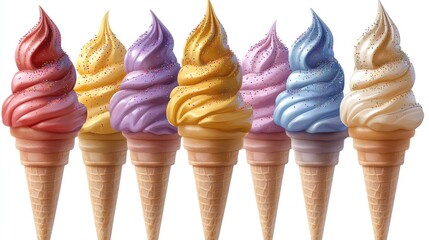 Colorful ice cream cones in a row, showcasing various flavors and sprinkles, perfect for summer treats