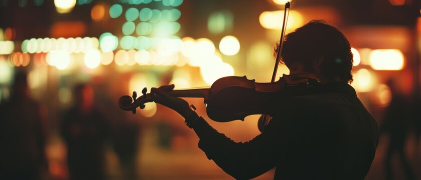 A violinist plays in a warmly lit street, capturing the night’s ambiance with blurred city lights as a backdrop, evoking a sense of musical solitude.