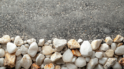 A wide top shot of white little gravel texture in modern bright tones, creating a blurred, empty space on the side. Symbolizes simplicity, calmness, and openness amidst chaos, offering visual clarity.