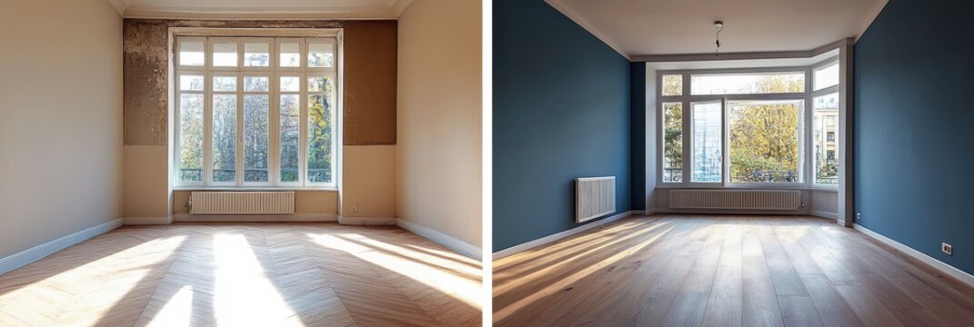 Contrast between outdated dark interiors and bright modern renovated design in a spacious room. Generative AI