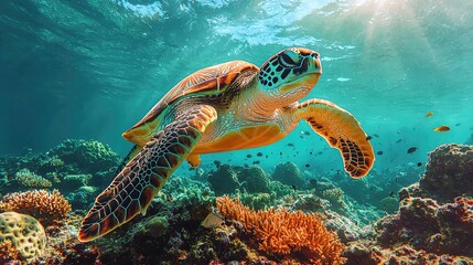 Majestic sea turtle gliding through vibrant coral reef, surrounded by colorful fish in clear water