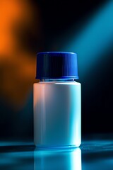 A glossy white serum bottle with a deep pink body and bright purple cap, no text, on a glass surface. Soft warm lighting, elegant and minimalist skincare packaging