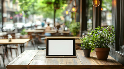 Tablet on cafe table, outdoor setting, city background