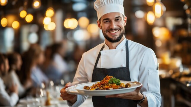 Smiling chef holds out his dish in restaurant