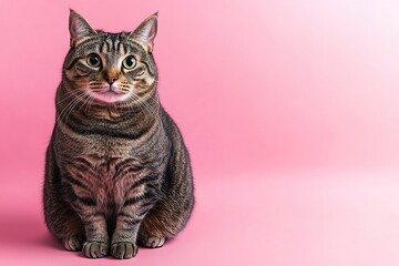 Obraz premium Overweight cat sitting pink background