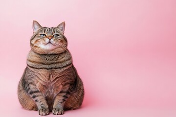 Overweight cat sitting pink background