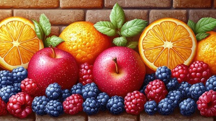 Vibrant assortment of fresh fruits including apples, oranges, and berries against a textured brick background