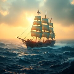 Fototapeta premium A pirate ship sailing through stormy seas background 