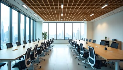 Modern open office space, bright interior, large windows, natural light