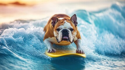 Bulldog surfing on a yellow board in the ocean with a sunset background and splashing waves