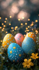 Colorful decorated Easter eggs surrounded by flowers and soft bokeh lights in the background