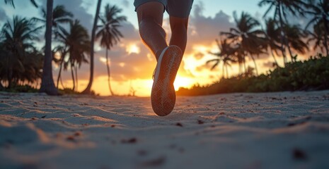 Jogger's feet on beach at sunrise, palm trees