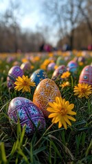 Colorful decorated eggs among vibrant yellow flowers in a spring park setting with people in the background