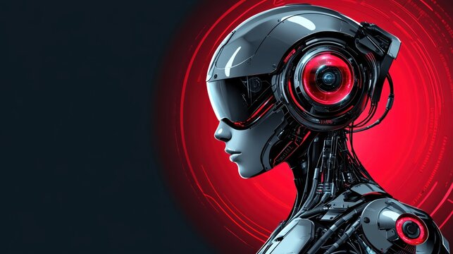Futuristic cyborg portrait with red light on dark background digital art concept