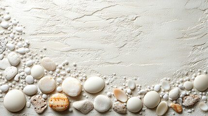 A wide top shot of white little gravel texture in modern bright tones, creating a blurred, empty space on the side. Symbolizes simplicity, calmness, and openness amidst chaos, offering visual clarity.