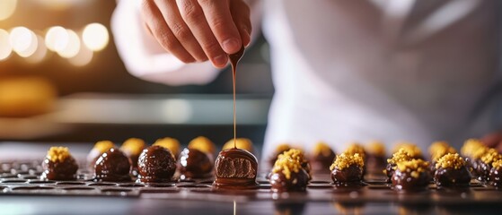 A skilled hand drizzles caramel over rows of chocolate confections, highlighting the artistry and precision involved in gourmet dessert creation.