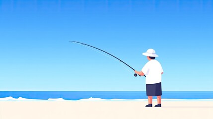 A person fishing on a tranquil beach under a clear blue sky with gentle waves in the background