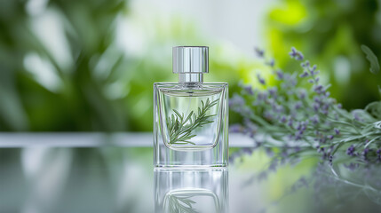 A sophisticated transparent perfume bottle with floral accents