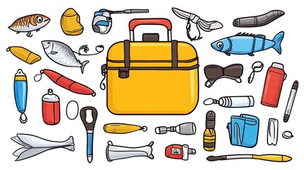 Collection of fishing equipment and accessories arranged around a yellow tackle box