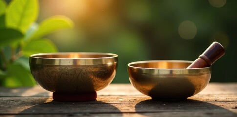 Polished Tibetan singing bowls & gong, serene setting, mystical, ambient