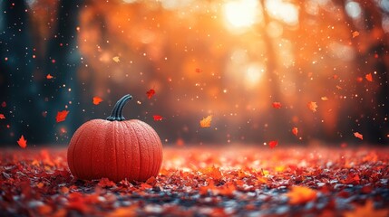 Vibrant autumn scene featuring a solitary pumpkin surrounded by falling leaves in a forest
