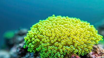 Obraz premium Marine environment microscopic idea. Vibrant green coral growing on a reef, showcasing marine biodiversity and ocean beauty.
