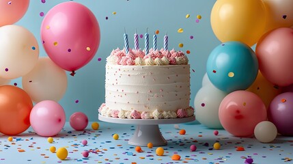 A beautifully decorated birthday cake with candles, surrounded by colorful balloons and confetti