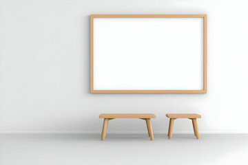 Minimalist 3D Render of Wooden Benches and Blank Frame