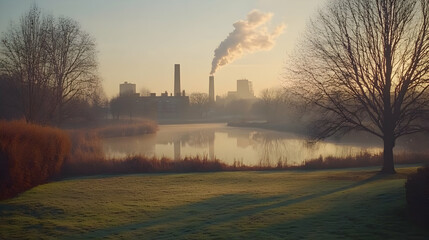 Sunrise over industrial park, misty lake