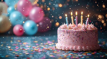 A beautifully decorated pink birthday cake with candles, surrounded by colorful balloons and confetti